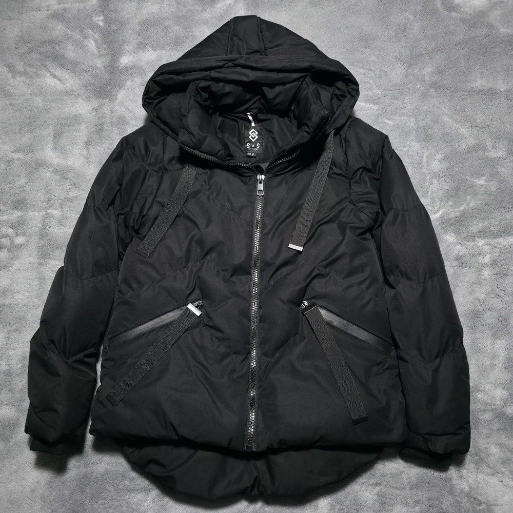 Saint & Sinner Puffer Jacket Straps Full Zip Coat Black Hooded Womens Size Small